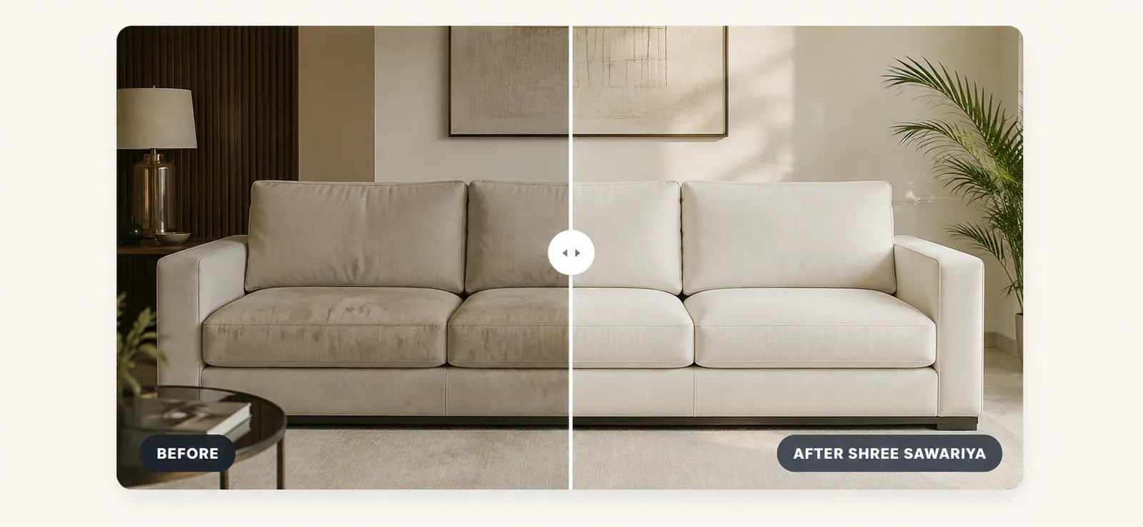 Sofa before and after a Shree Sawariya deep clean