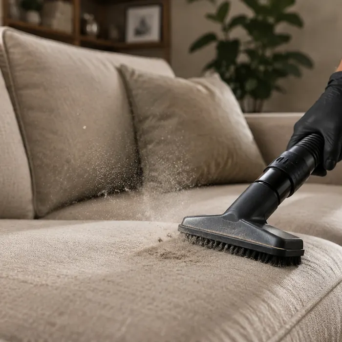 Detail vacuuming of sofa fabric